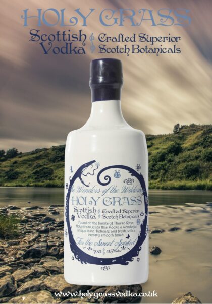 Holy Grass Vodka bottle in front of the Thurso river