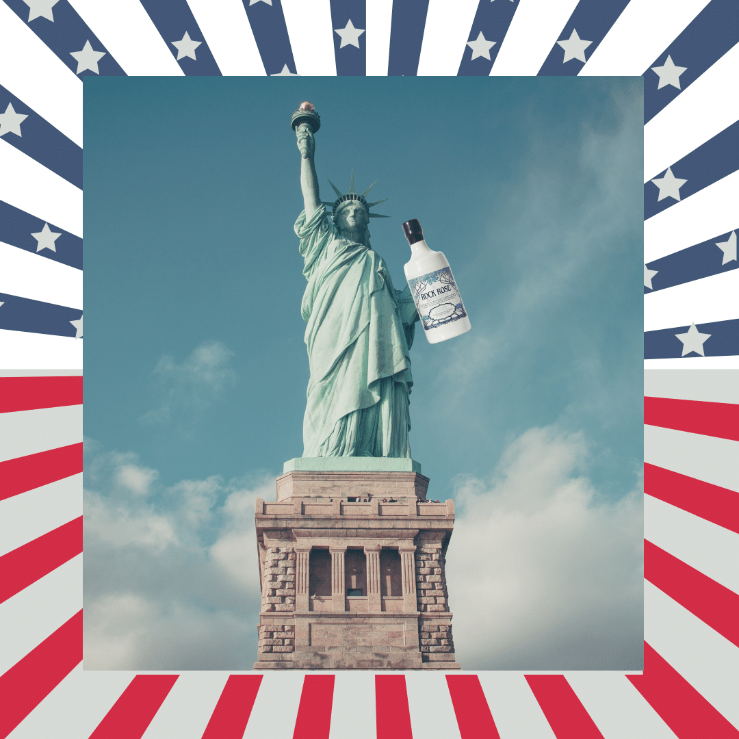 Statue of Liberty holding a bottle of Rock Rose Gin