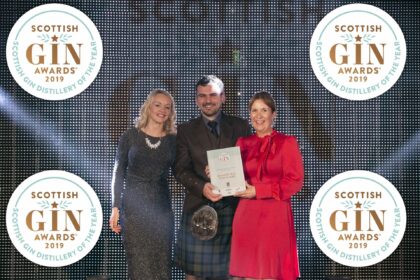 Martin and Claire Murray from Dunnet Bay Distillery receiving their award at winning ceremony for Scottish Gin Awards 2019