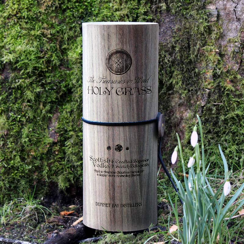 Bottle of Holy Grass Vodka Bourbon Cask Edition in wooden box