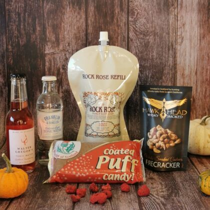 Content of the Refill Rewards Club box for November 2020 including Rock Rose Gin pouch, accompanying mixers and a wee surprise or two