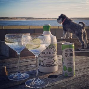 Bottle of Rock Rose Gin Spring edition and Sisters Soda served in two coupe glass on a wooden table outside as the dog is watching the sea over the fence