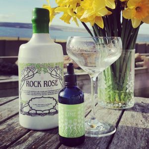 Bottle of Rock Rose Gin Spring edition, Coriander and Lime liquid garnish, cocktail served in a coupe glass and bouquet of daffodil on a picnic table facing the sea
