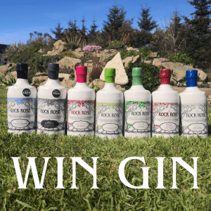 Featured image with 7 different Rock Rose Gin edition bottles on the grass