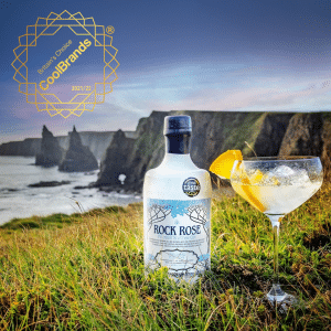 Featured image for Britain's Choice CoolBrands 2021-22 award with bottle of Rock Rose Gin and cocktail on a the grass facing the sea and the cliffs