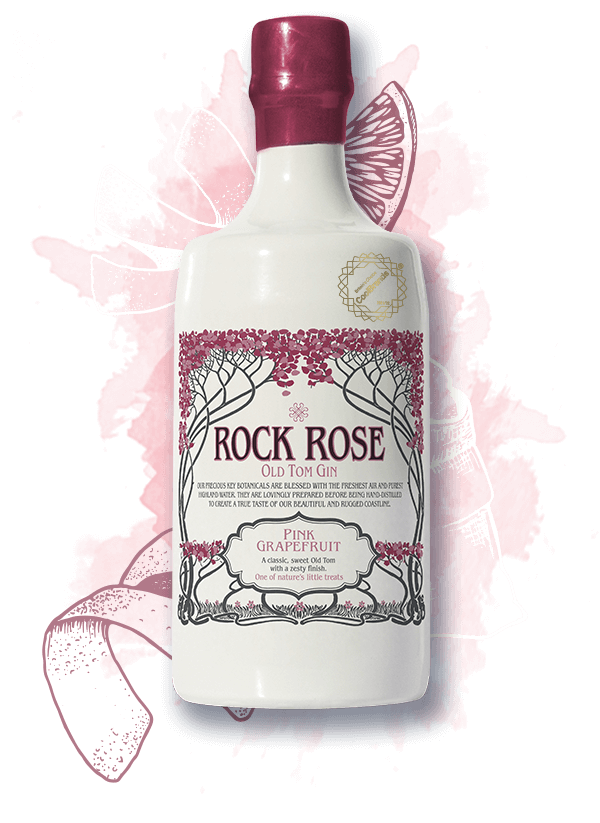 700ml bottle of Rock Rose Old Tom Gin Pink Grapefruit Edition with pink background and fruits illustrations
