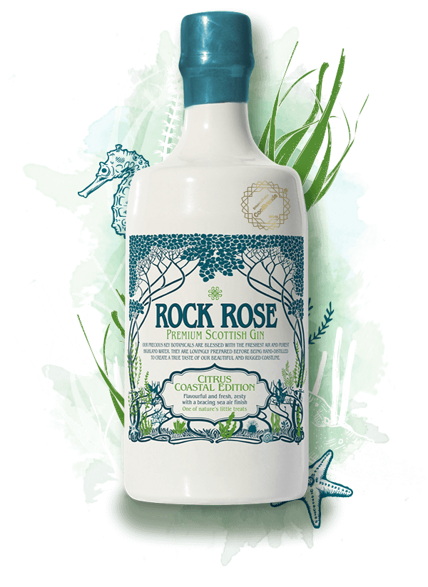 700ml bottle of Rock Rose Gin Citrus Coastal Edition with green background and under the sea inspired illustrations