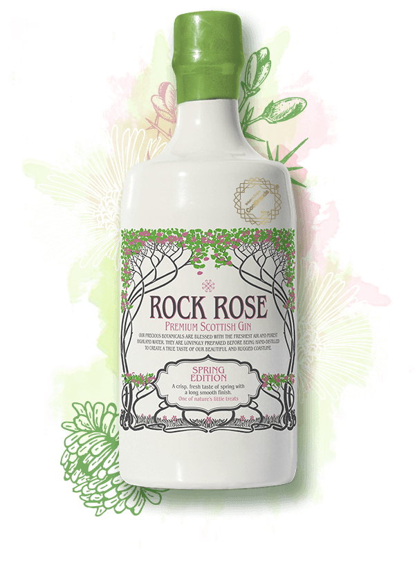 700ml bottle of Rock Rose Gin Spring Edition with pink and green background and botanicals illustrations