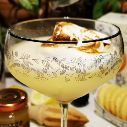 Lemon Meringue pie served in a Rock Rose Gin branded coupe glass
