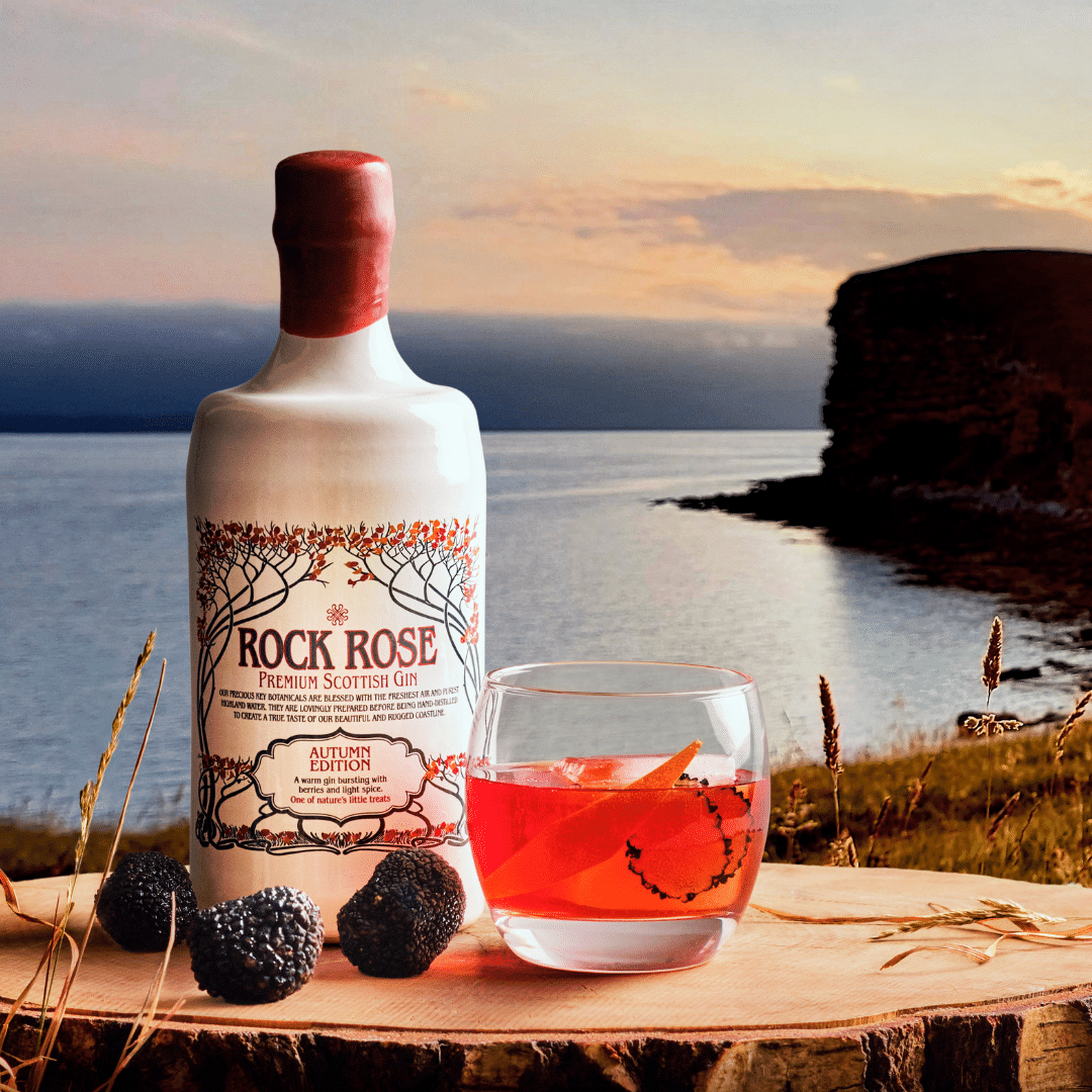 Bottle of Rock Rose Gin Autumn Edition with Black Truffle Negroni's cocktail