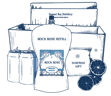 Illustration of the content of a refill rewards club box, refill pouch, accompanying mixers, garnish and a wee surprise or two