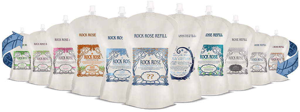 Line-up of a selection of 11 refill pouches with different flavour