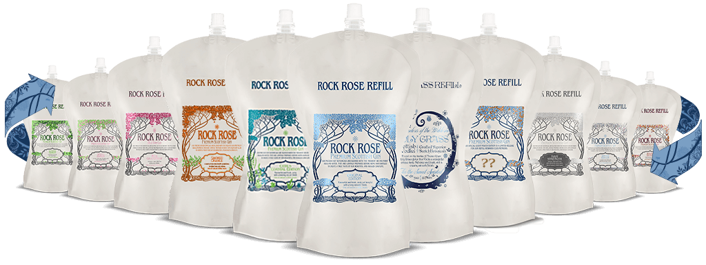 11 flavours of refill pouches displayed in a line-up
